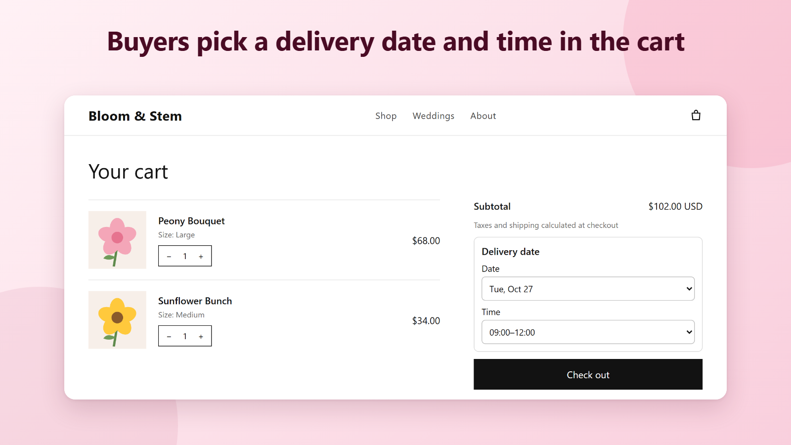 Cart page with a delivery date and time slot picker